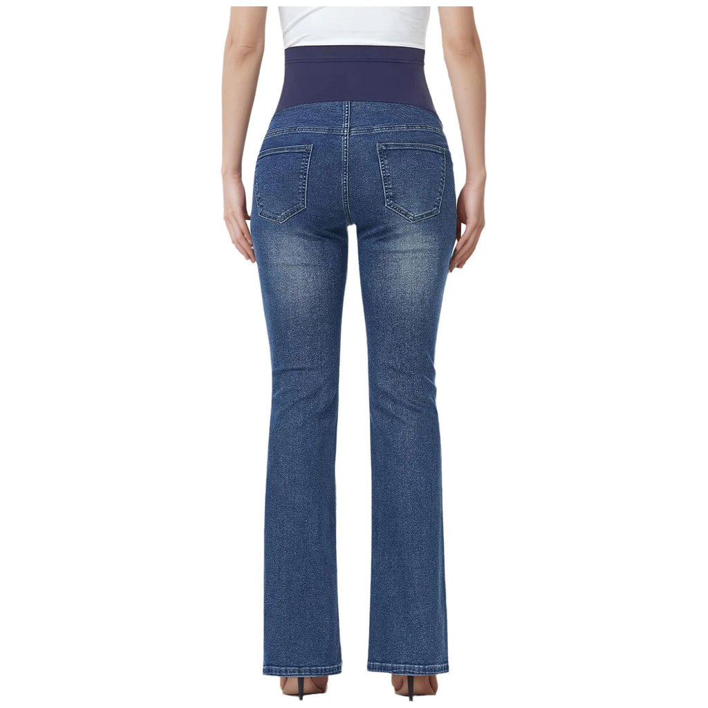 Women's Maternity Flared Jeans Over-the-Belly Stretch Pregnant Bell-Bottom Denim Pants with Pockets Casual Pregnancy Clothes