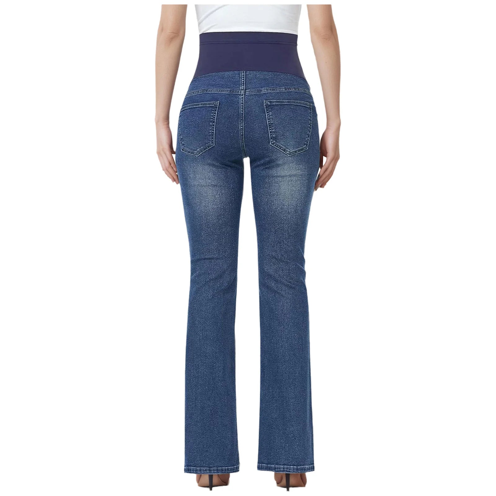 Women's Maternity Flared Jeans Over-the-Belly Stretch Pregnant Bell-Bottom Denim Pants with Pockets Casual Pregnancy Clothes