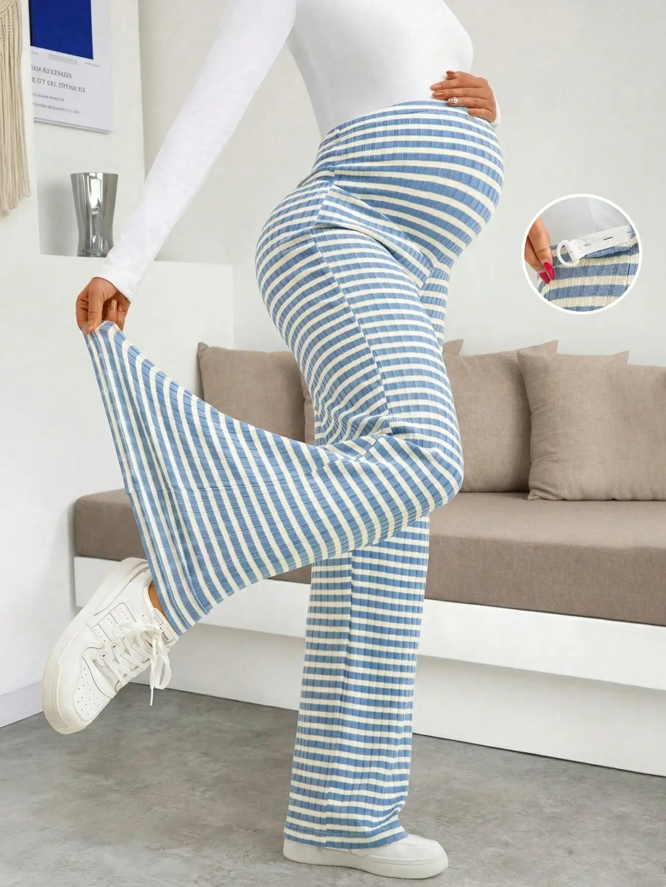 Maternity Women's Striped Ribbed Wide Leg Over Bump Jeans for Casual Daily and Lounge Wear