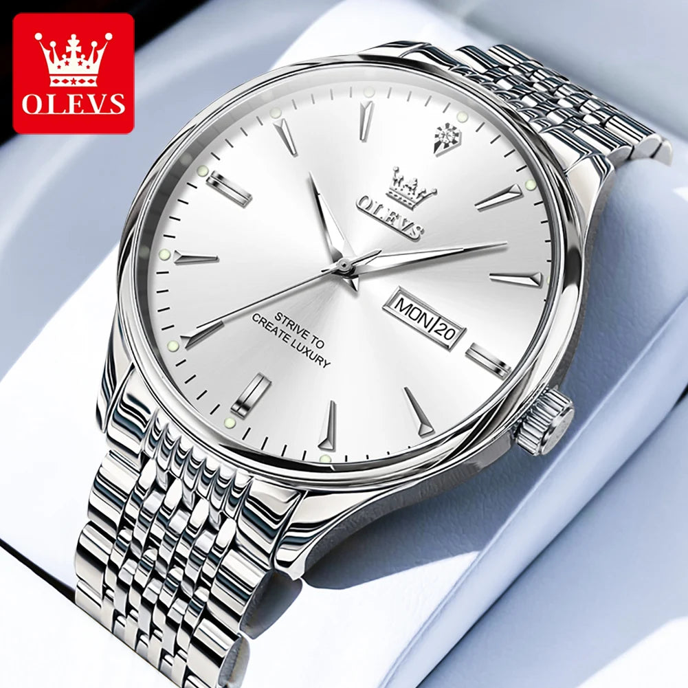 OLEVS 2929 Men Quartz Watch Original Waterproof Business Man Wristwatch Steel Strap Dual Calendar Luminous Fashion Watch For Men