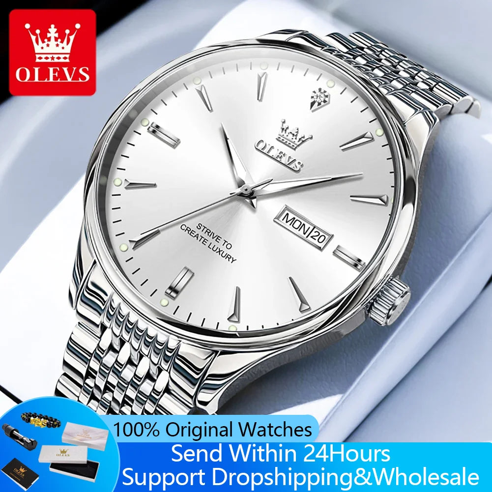 OLEVS 2929 Men Quartz Watch Original Waterproof Business Man Wristwatch Steel Strap Dual Calendar Luminous Fashion Watch For Men