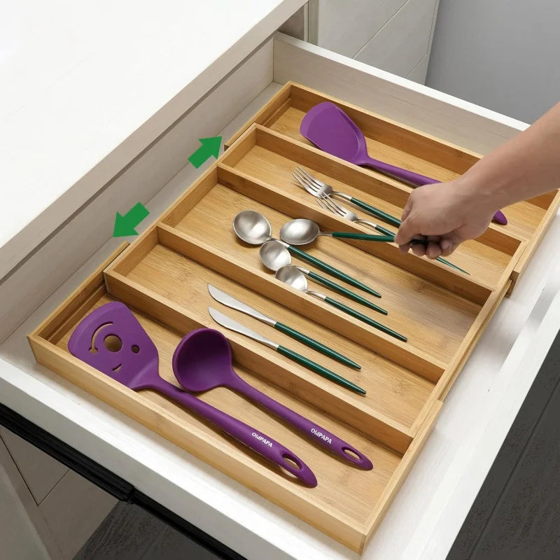 Expandable Bamboo Kitchen Drawer Organizer,Adjustable Cutlery Holder and Cutlery Tray Organizer,Drawer divider for silverware,Ta
