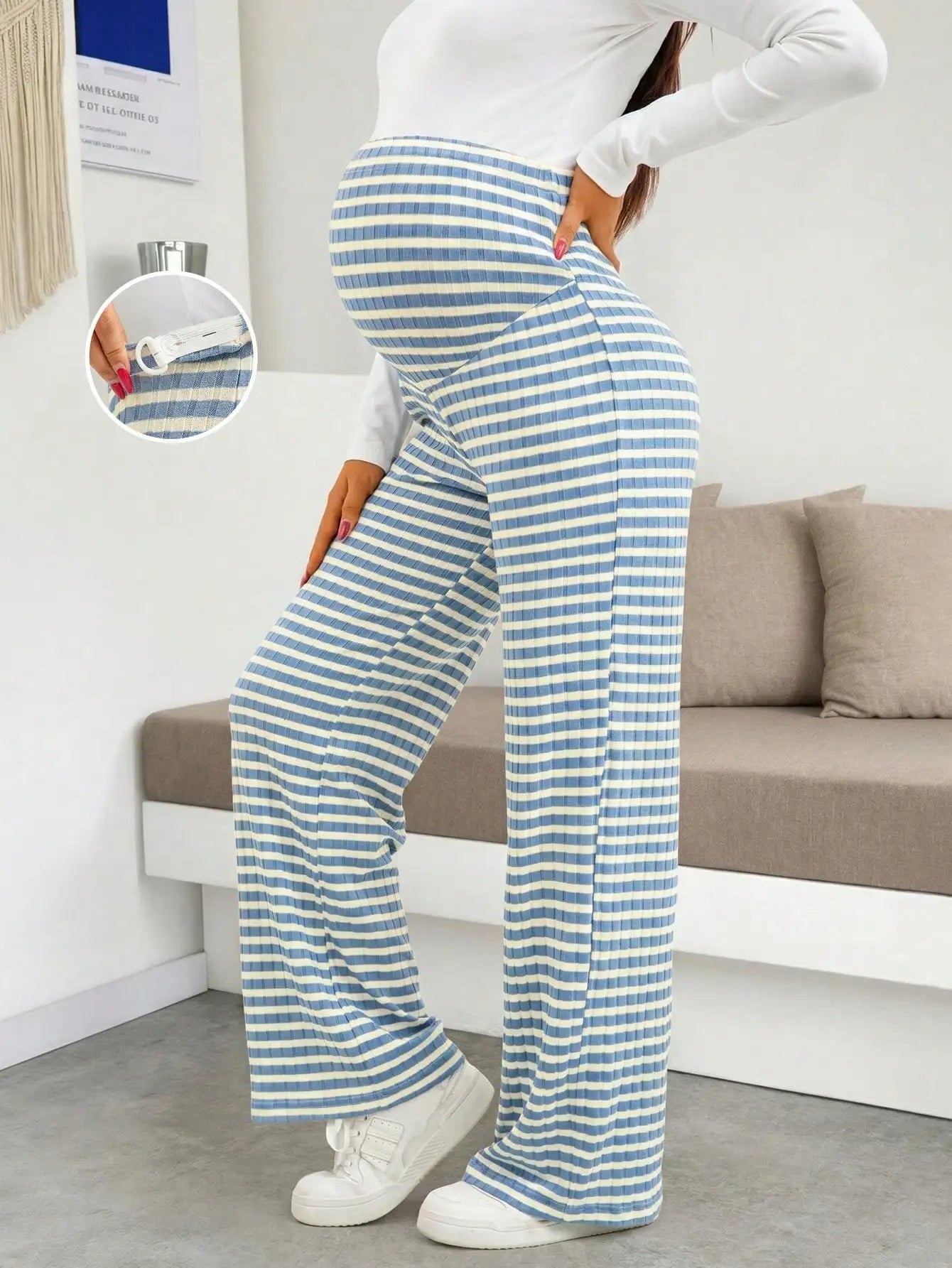 Maternity Women's Striped Ribbed Wide Leg Over Bump Jeans for Casual Daily and Lounge Wear