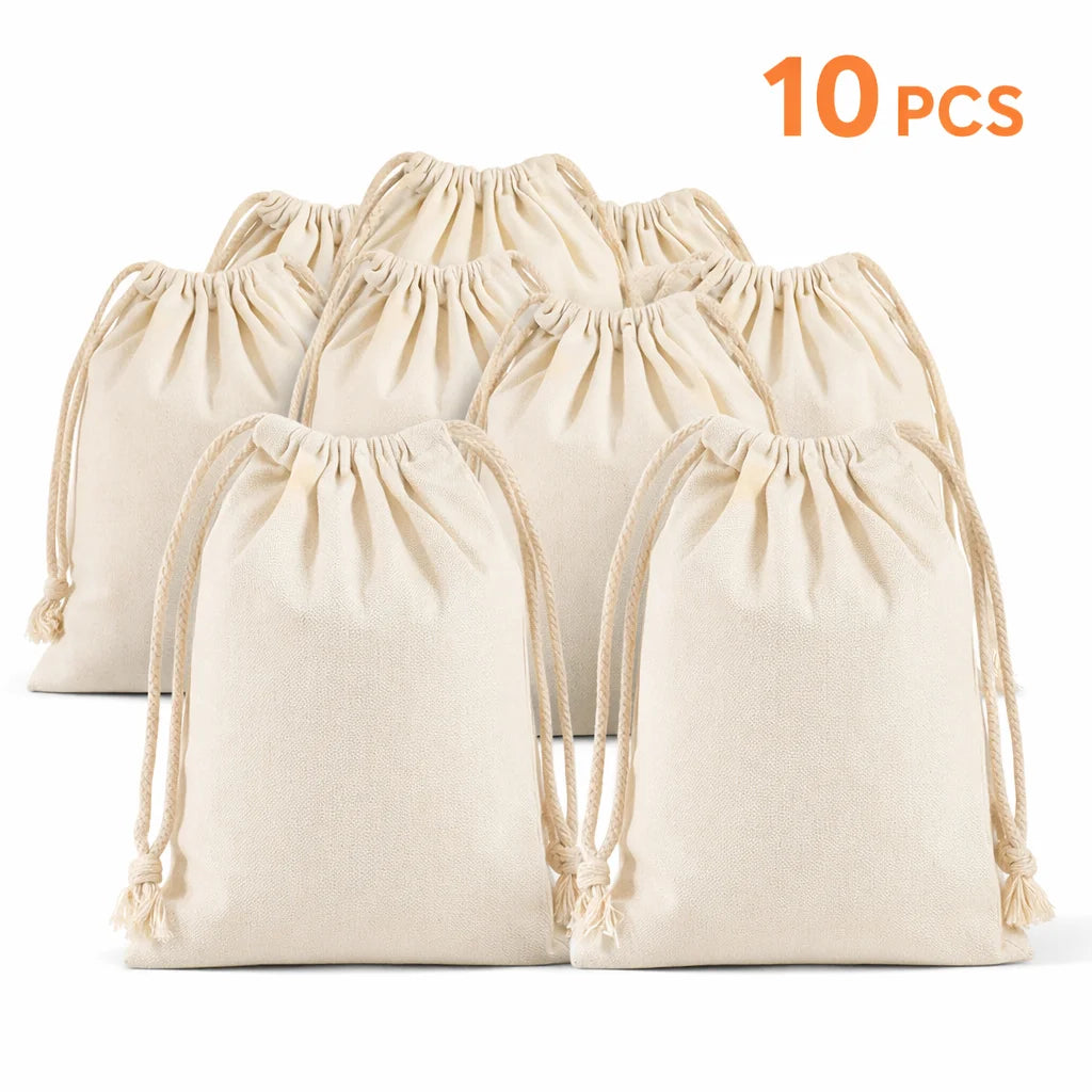 Canvas Drawstring Bags Bulk, 5/10PCS Beige Pouches, 4 Sizes Storage Bags for Gifts, Jewelry, Coffee Beans, Travel & Organization