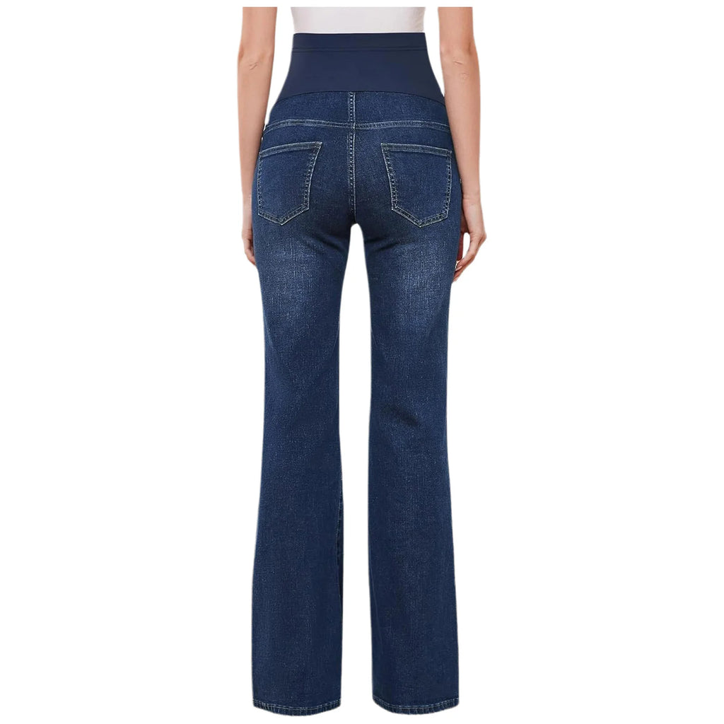 Women's Maternity Flared Jeans Over-the-Belly Stretch Pregnant Bell-Bottom Denim Pants with Pockets Casual Pregnancy Clothes