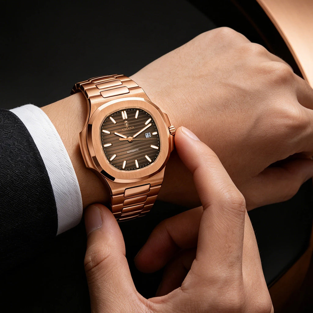 Luxury AIMANA Mens Automatic Watch Stainless Steel Strap Waterproof Luminous Date Calendar Rose Gold Nautilus Style Business Cas
