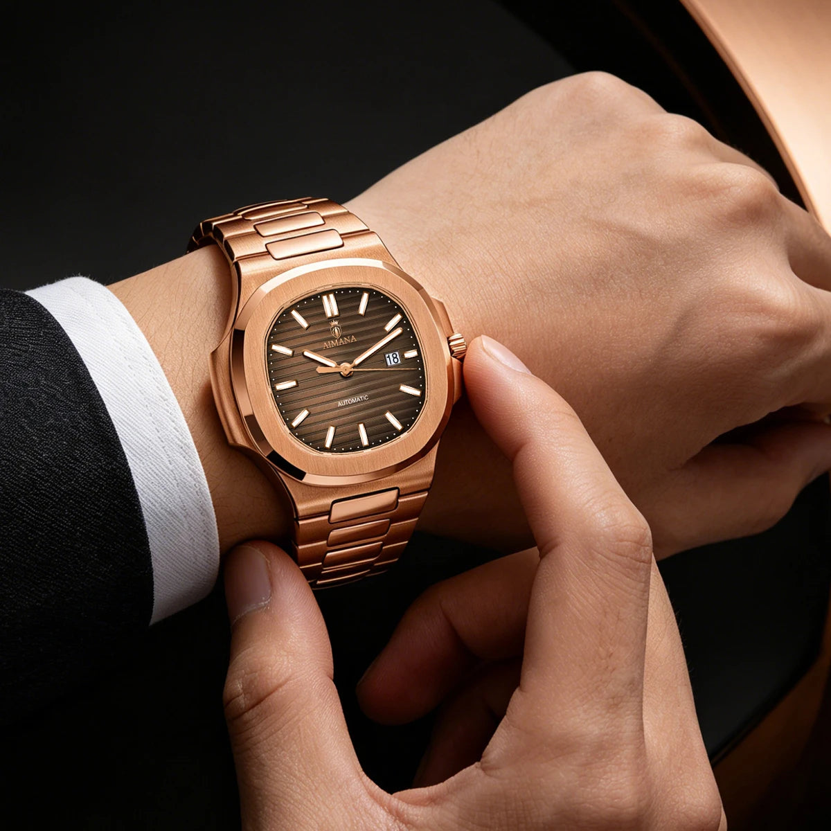 Luxury AIMANA Mens Automatic Watch Stainless Steel Strap Waterproof Luminous Date Calendar Rose Gold Nautilus Style Business Cas