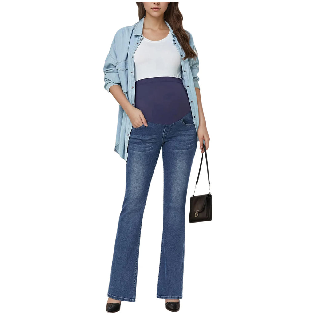 Women's Maternity Flared Jeans Over-the-Belly Stretch Pregnant Bell-Bottom Denim Pants with Pockets Casual Pregnancy Clothes