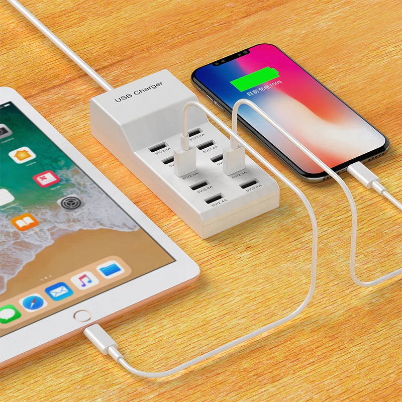 USB Charger 10-Port USB Charging Station for Multi Devices 50W USB Hub Adapter for iPhone Samsung Xiaomi Huawei Extension Socket