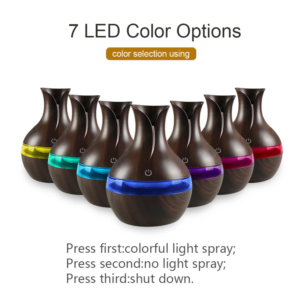 Air Humidifier with 7-Colors Mood LED Aromatherapy Diffuser 300ml Cool Mist Maker with USB Rechargeable for home bedroom