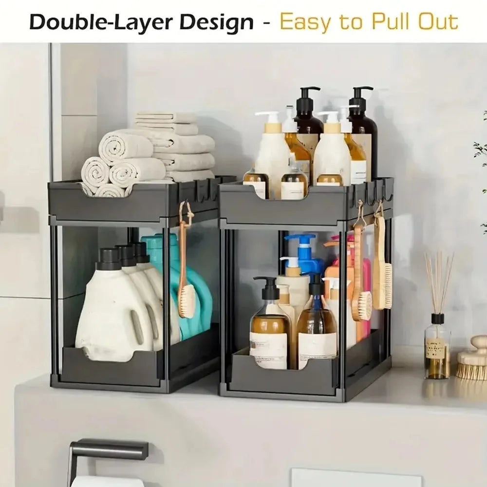 New 2 Tier Under Sink Organizer, Pull Out Sliding Rack, Multi-Function Shelf for Kitchen Bathroom,Space Saving Cabinet Organizer