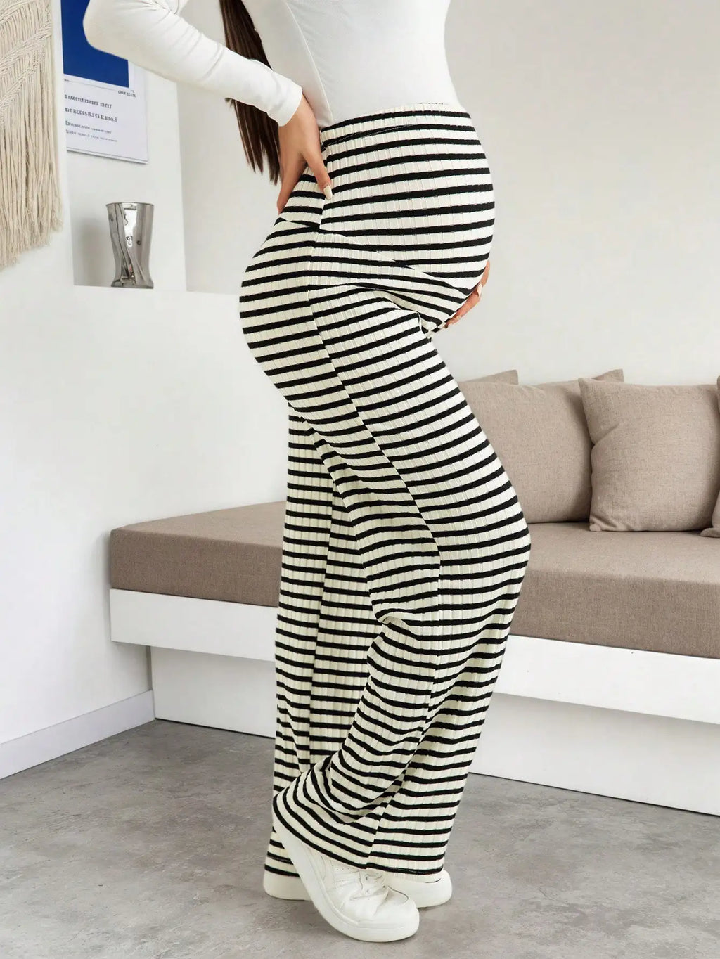 Maternity Women's Striped Ribbed Wide Leg Over Bump Jeans for Casual Daily and Lounge Wear