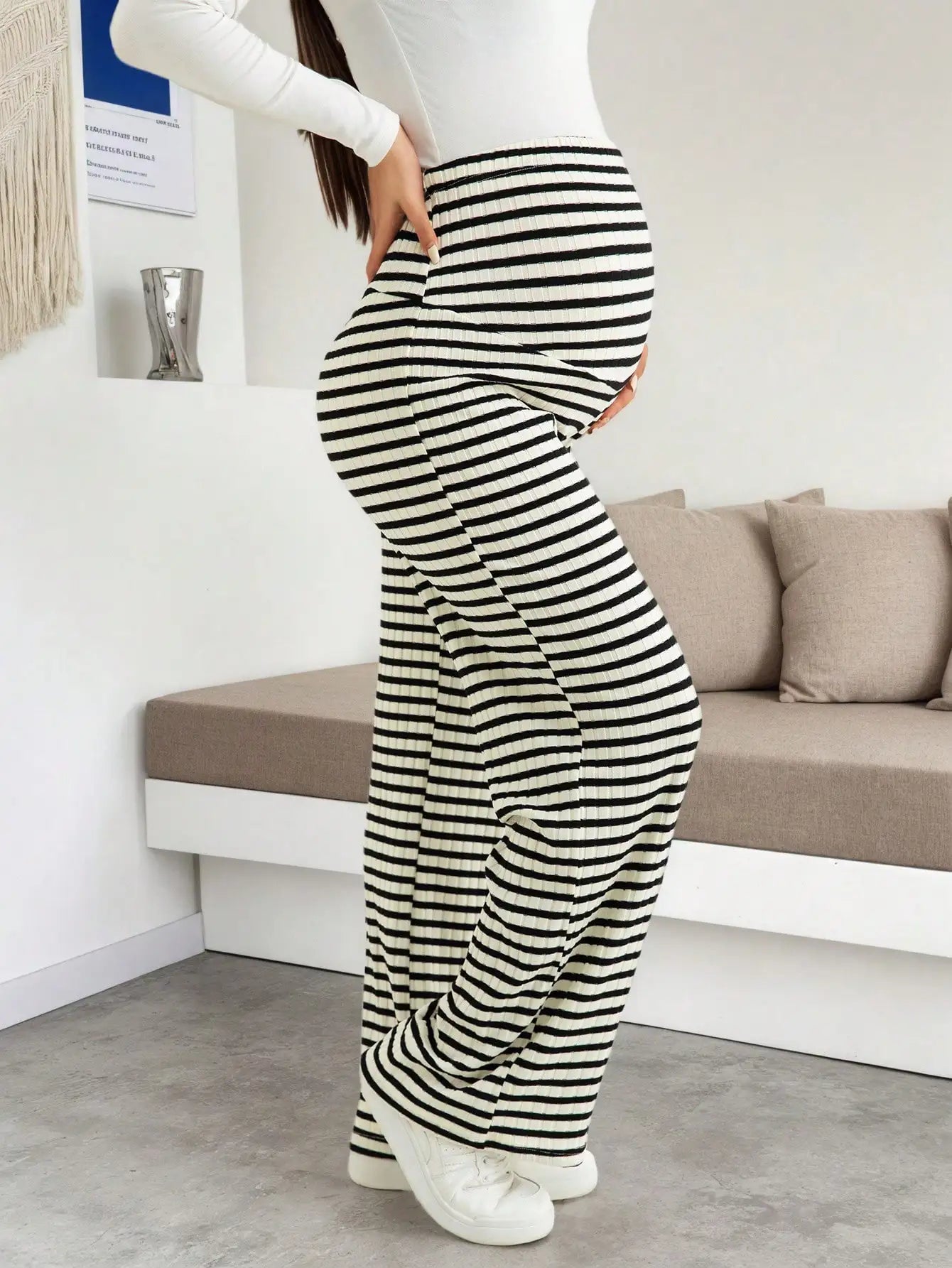 Maternity Women's Striped Ribbed Wide Leg Over Bump Jeans for Casual Daily and Lounge Wear