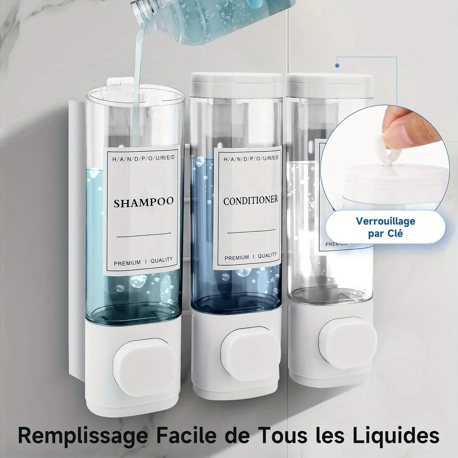 Wall-mounted Soap Dispenser, Shower Gel Dispenser, 3-in-1 Shampoo and Conditioner Dispenser, No Drilling Required, ABS Material,