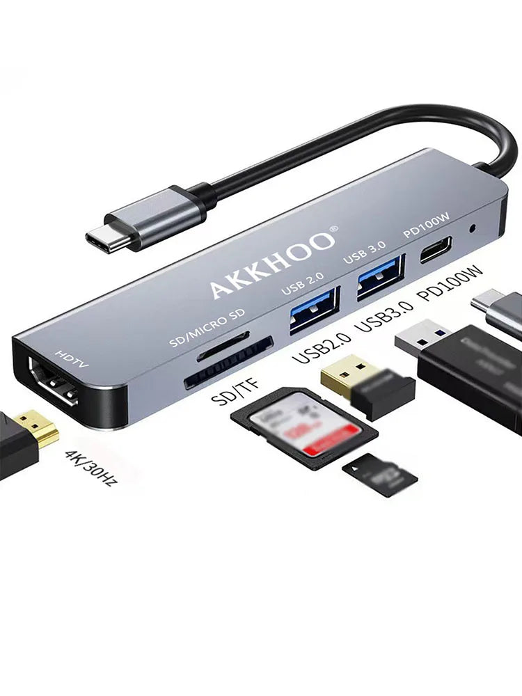 6 in 1 Type-c docking station, support 100WPD fast charge, SD/TF card dual card slot, portable multi-function docking station