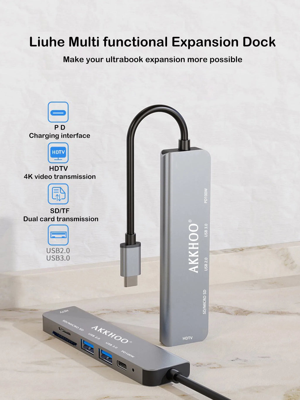 6 in 1 Type-c docking station, support 100WPD fast charge, SD/TF card dual card slot, portable multi-function docking station