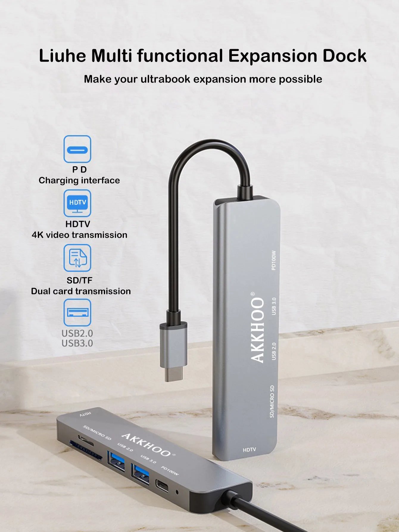 6 in 1 Type-c docking station, support 100WPD fast charge, SD/TF card dual card slot, portable multi-function docking station