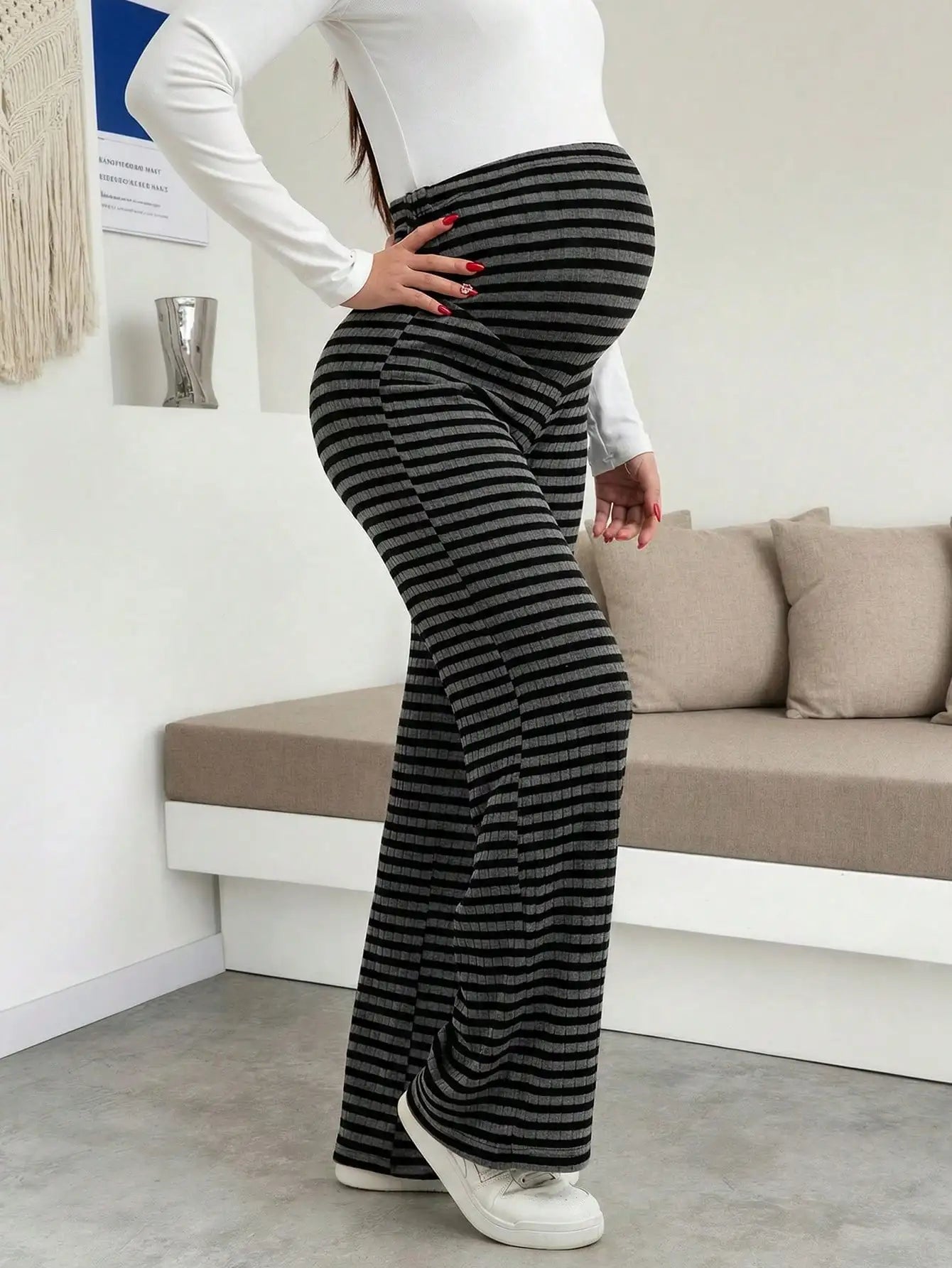 Maternity Women's Striped Ribbed Wide Leg Over Bump Jeans for Casual Daily and Lounge Wear