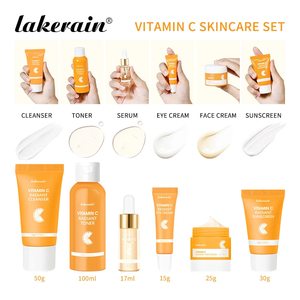 Lakerain Vitamin C Skin Care Set 6pcs Kit Whitening Cream Dark Spots Serum Dark Circle Eye Facial Moisturizing Lightening Kits