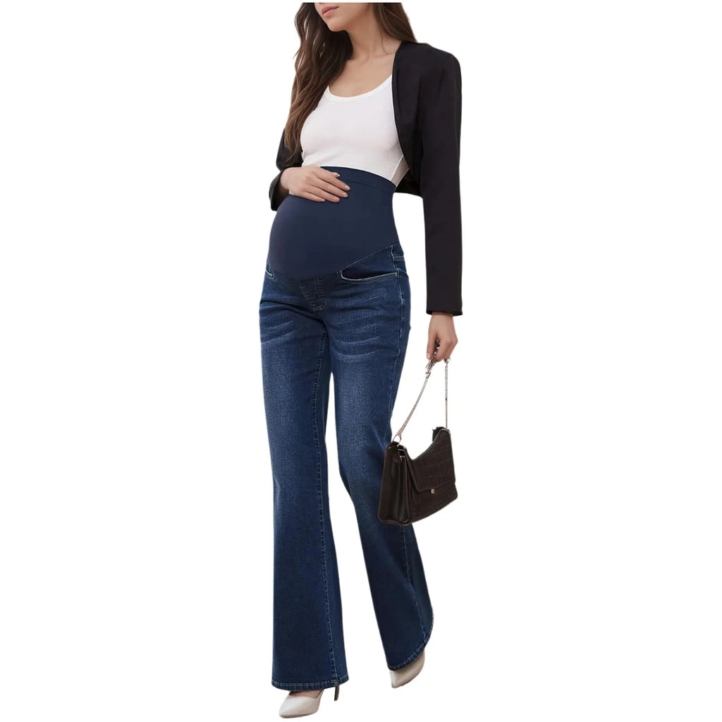 Women's Maternity Flared Jeans Over-the-Belly Stretch Pregnant Bell-Bottom Denim Pants with Pockets Casual Pregnancy Clothes