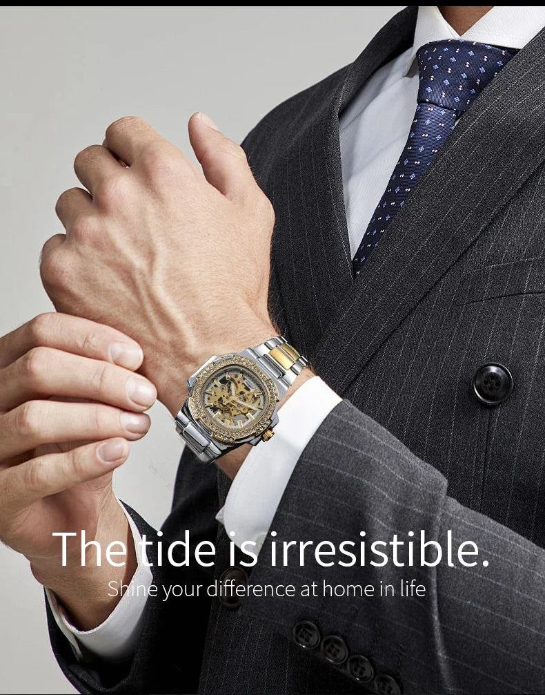 LONGLUX automatic man watch luxury stainless steel wholesale mechanical wristwatches skeleton waterproof diamond watch man watch