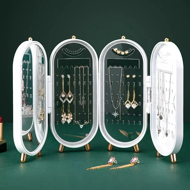 Vintage Elegant Foldable Jewelry Organizer Box - Multi-Layer with Mirror Green & Gold Accents Necklace Earring Storage Case