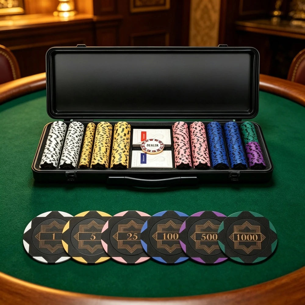 SLOWPLAY 14g Clay Poker Chips Set for Texas Hold'em, 500 PCS, with Numbered Values, Art Deco Style, and Carrying Case