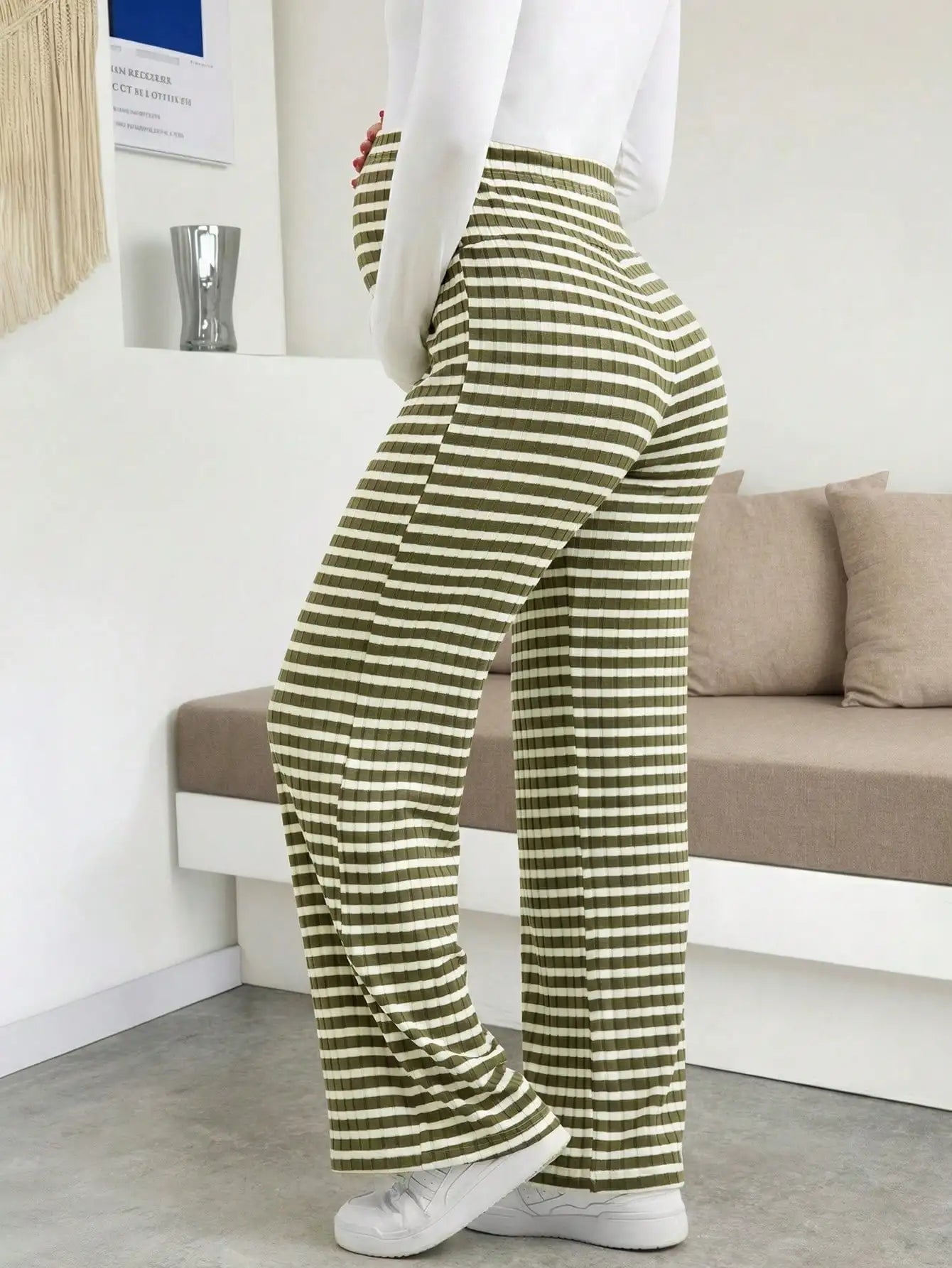 Maternity Women's Striped Ribbed Wide Leg Over Bump Jeans for Casual Daily and Lounge Wear