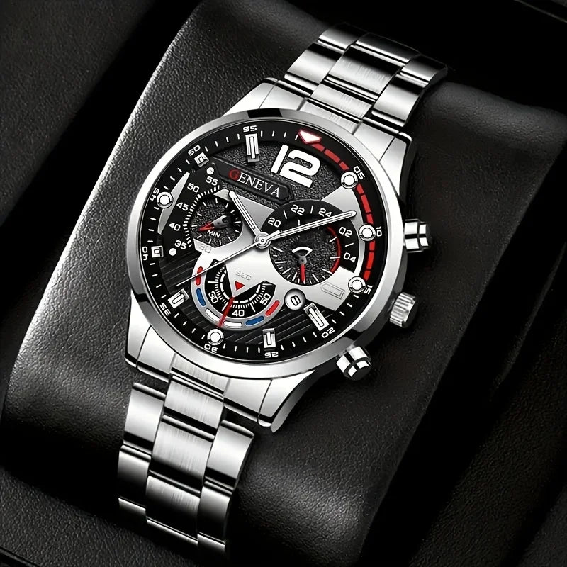 4pcs/1pcs fashionable men's quartz watch - stainless steel strap, round zinc alloy case, electronic sports