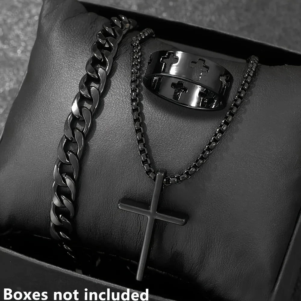 Fashion Alloy Men's Cross Pendant Necklace, Bracelet & Ring Combo Jewelry Set