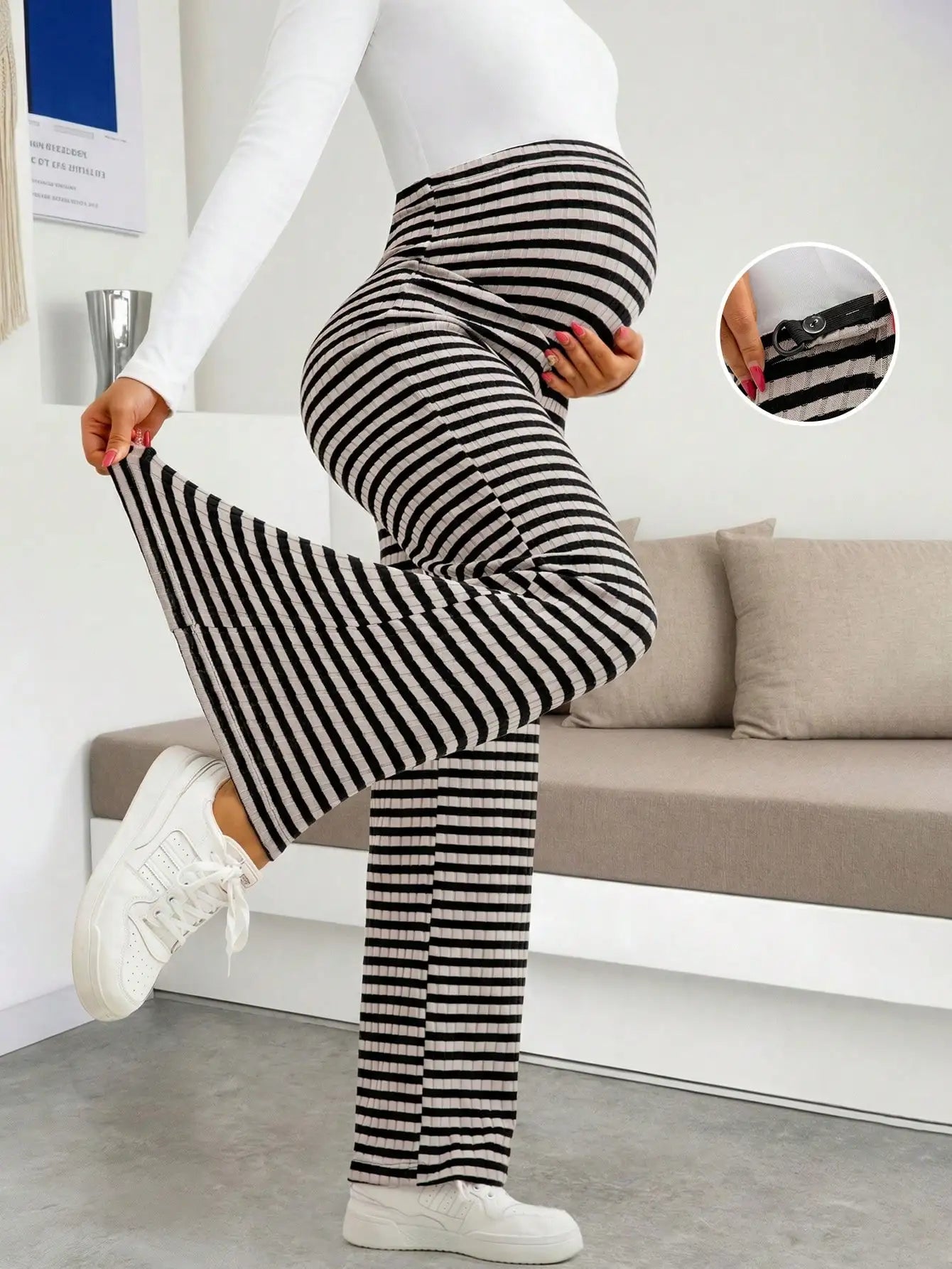 Maternity Women's Striped Ribbed Wide Leg Over Bump Jeans for Casual Daily and Lounge Wear