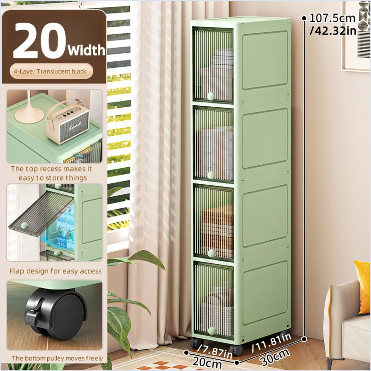 20cm-Flip lid slit storage cabinet, kitchen slit shelf, bathroom multi-layer plastic snack cabinet, narrow-edge storage cabinet