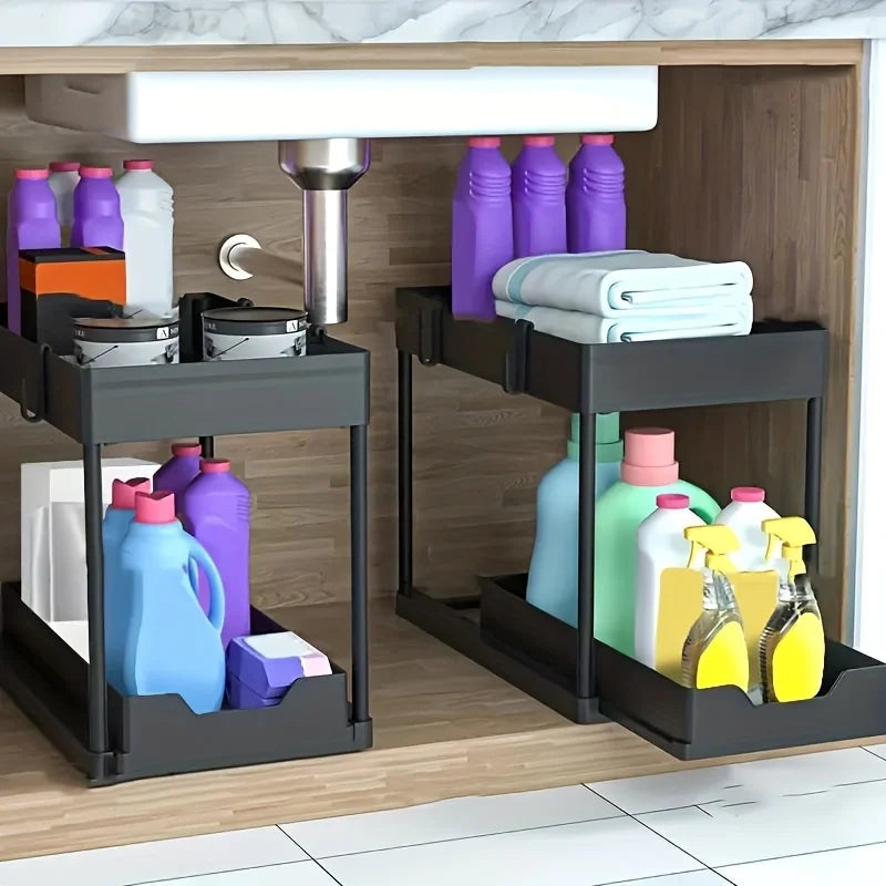 Multi Function Pull Out Under Sink Organizer 2 Tier Slide Out Storage Basket with Hooks Storage Cups for Kitchen Bathroom Home