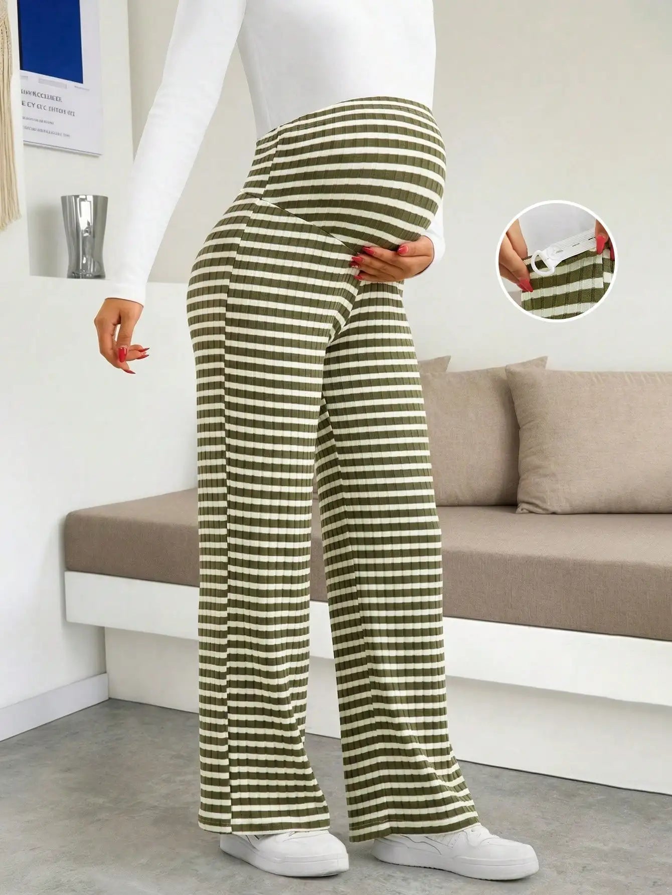 Maternity Women's Striped Ribbed Wide Leg Over Bump Jeans for Casual Daily and Lounge Wear