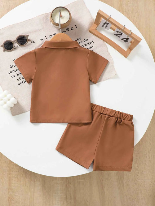 2pcs Baby Boy Summer Striped Patchwork Color Block Collared Short Sleeve Shirt with Pocket Short Pants for Casual Outdoor