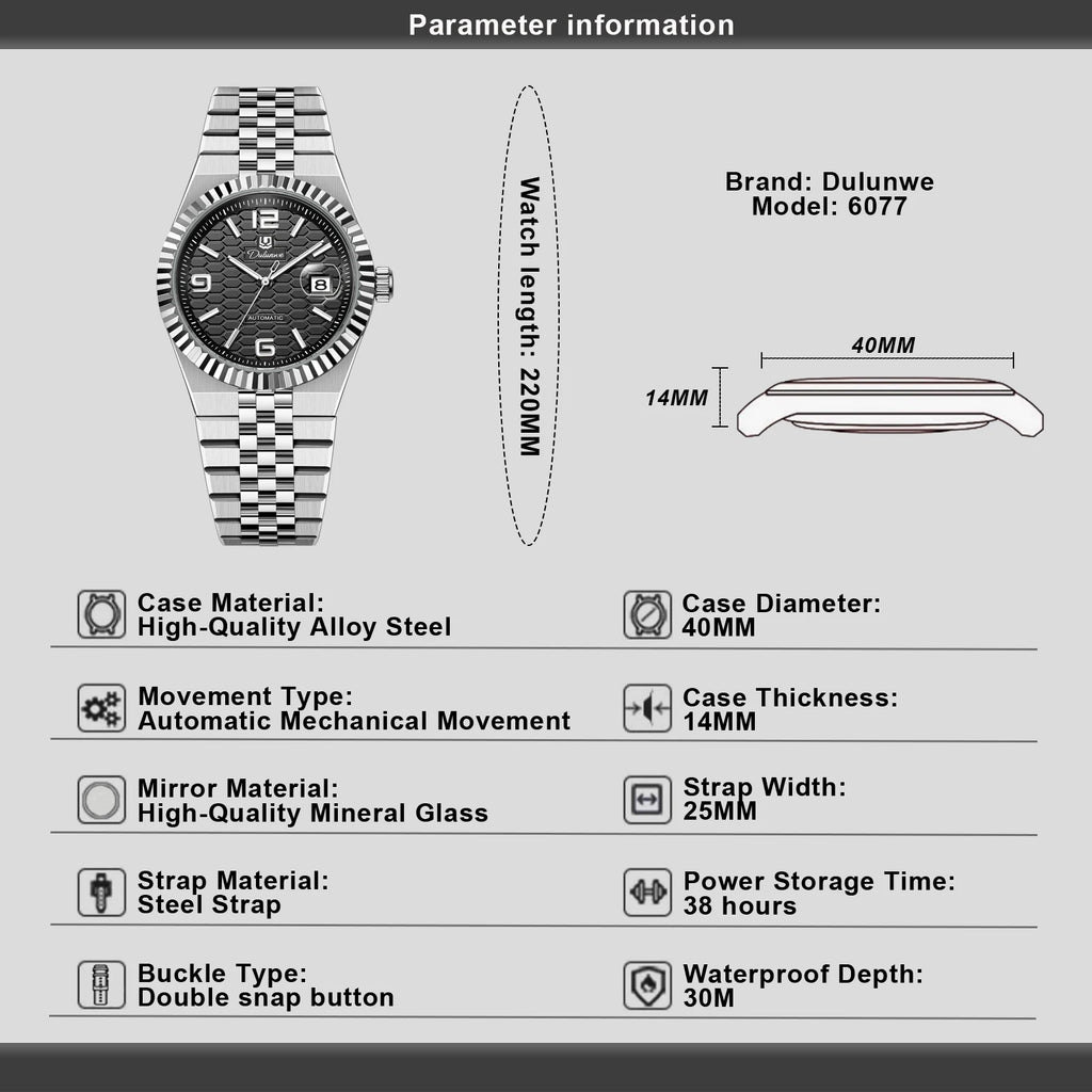 Luxury Automatic Mechanical DULUNWE Men's Watch Date Man Watch Waterproof Luminous Business Watches For Men Reloj