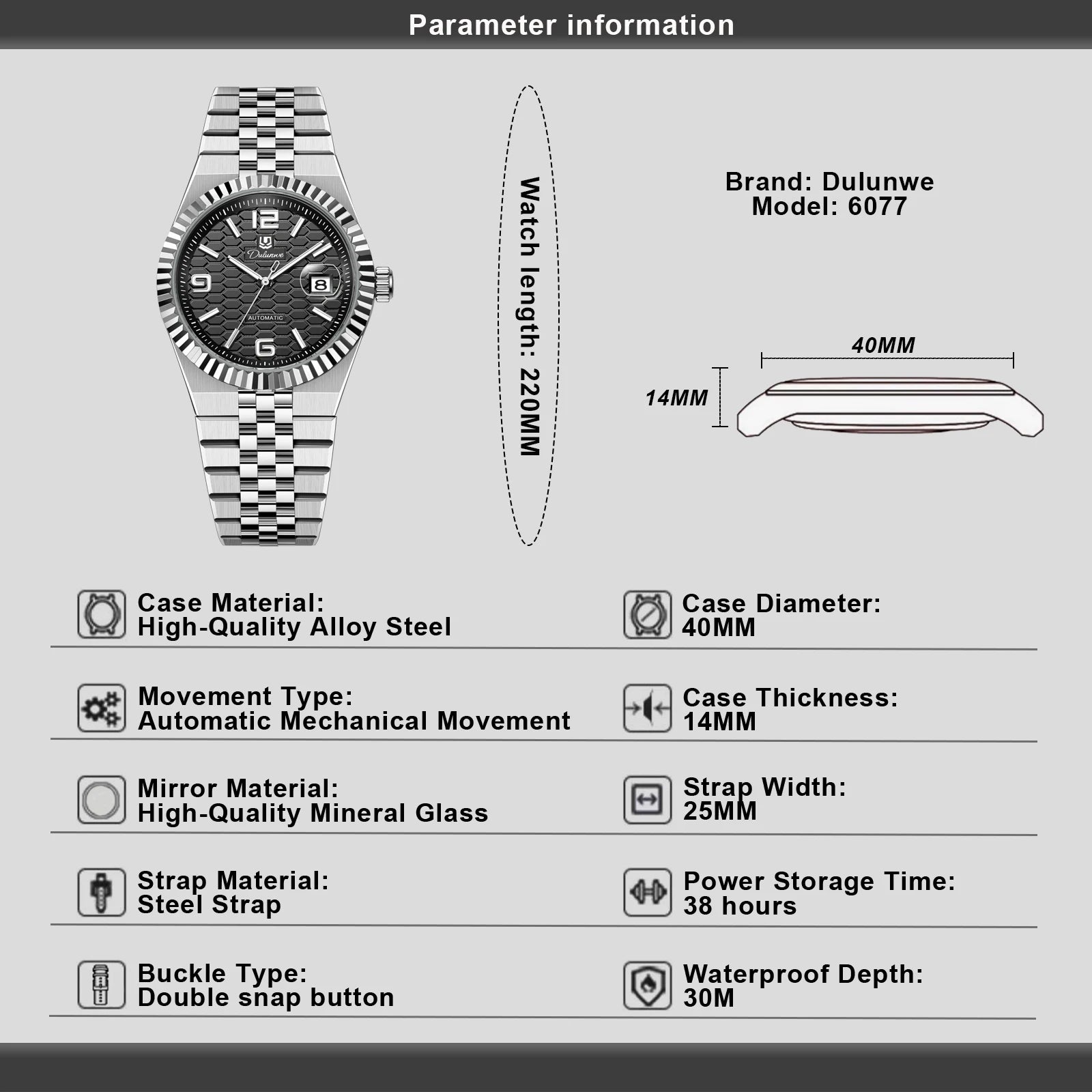 Luxury Automatic Mechanical DULUNWE Men's Watch Date Man Watch Waterproof Luminous Business Watches For Men Reloj