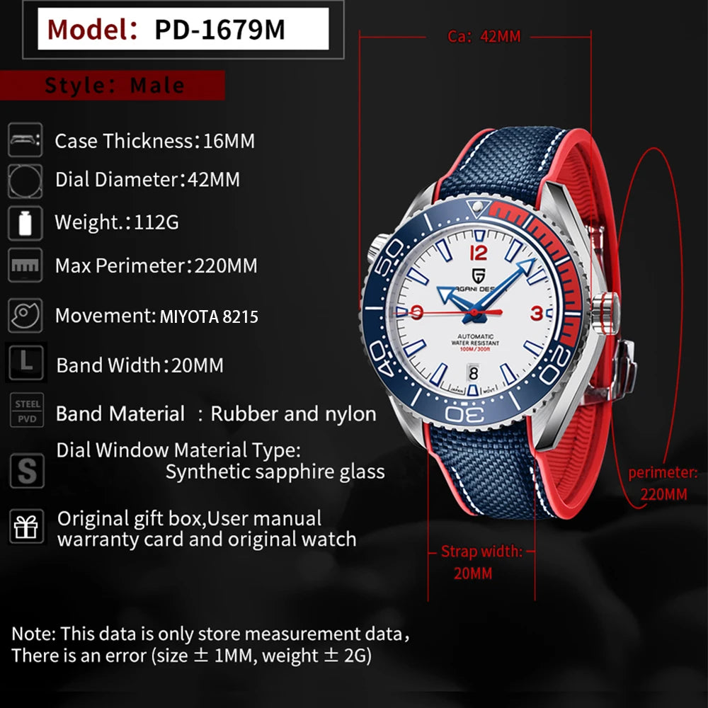 PAGANI DESIGN Men's Mechanical Watch 100M Waterproof Luxury Sapphire Glass Stainless Steel Japanese Movement Automatic Watch