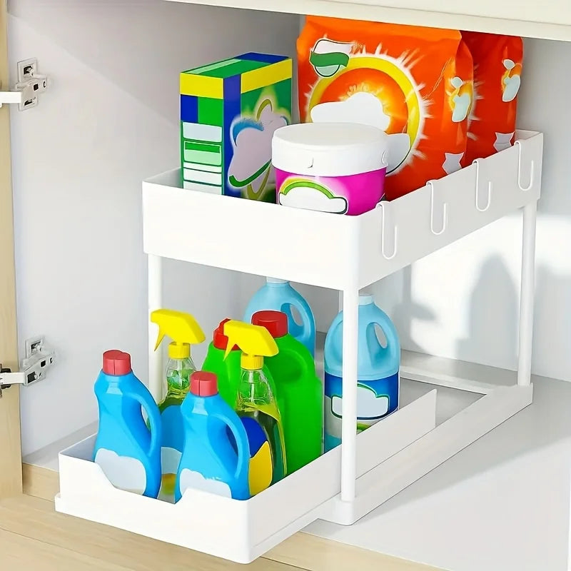 Multi Function Pull Out Under Sink Organizer 2 Tier Slide Out Storage Basket with Hooks Storage Cups for Kitchen Bathroom Home