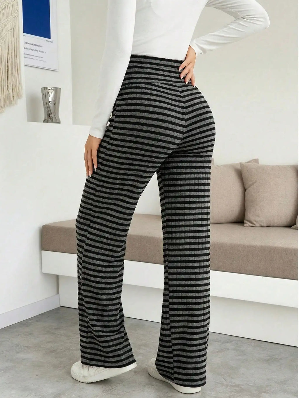 Maternity Women's Striped Ribbed Wide Leg Over Bump Jeans for Casual Daily and Lounge Wear