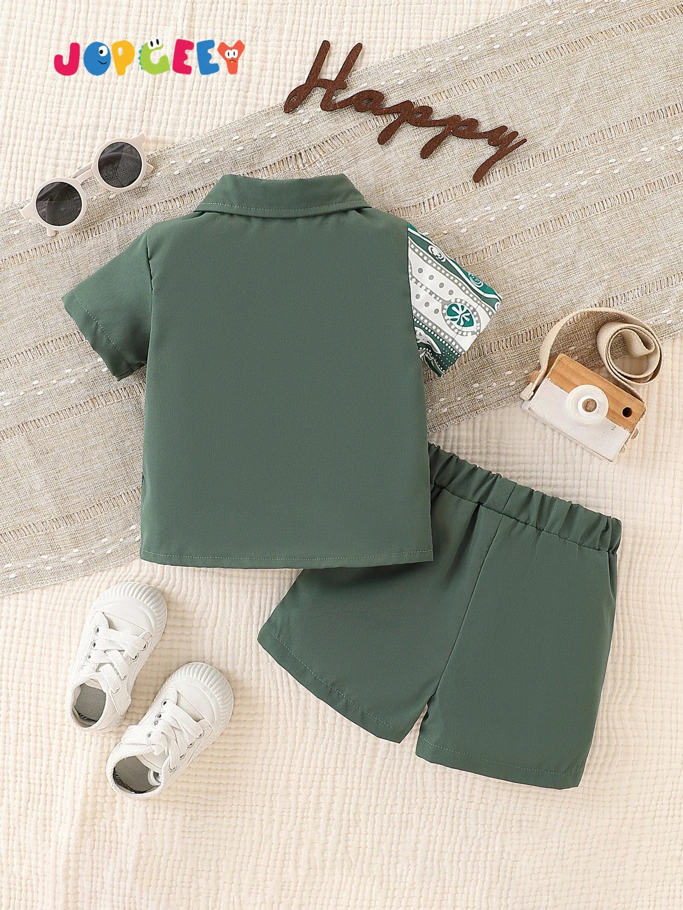 2 pieces of baby boy fashion casual splicing ethnic pattern short-sleeved shirt and shorts set in summer