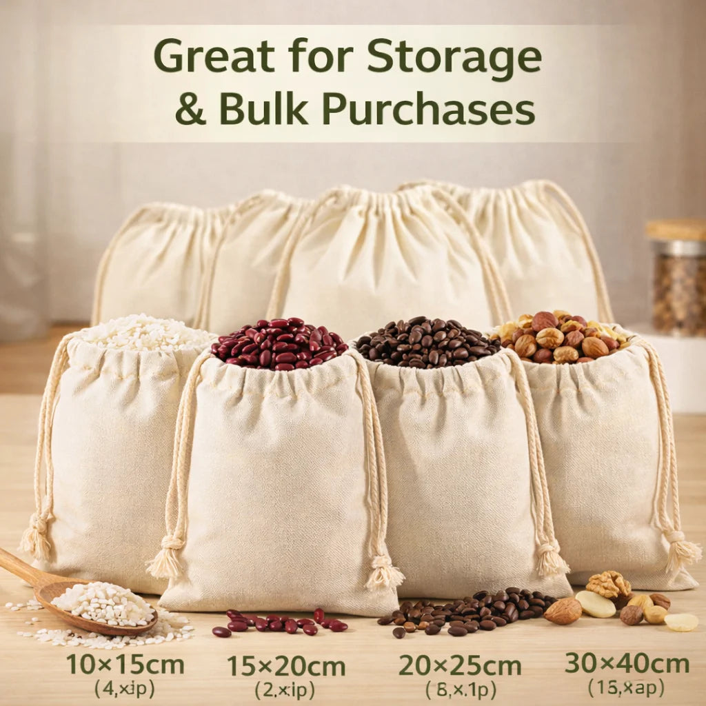 Canvas Drawstring Bags Bulk, 5/10PCS Beige Pouches, 4 Sizes Storage Bags for Gifts, Jewelry, Coffee Beans, Travel & Organization
