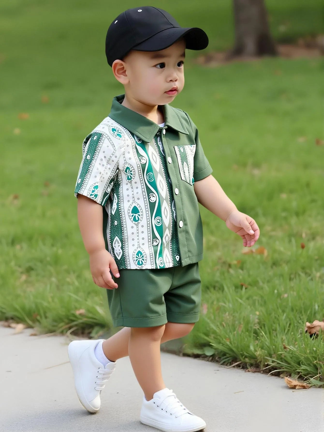 2 pieces of baby boy fashion casual splicing ethnic pattern short-sleeved shirt and shorts set in summer