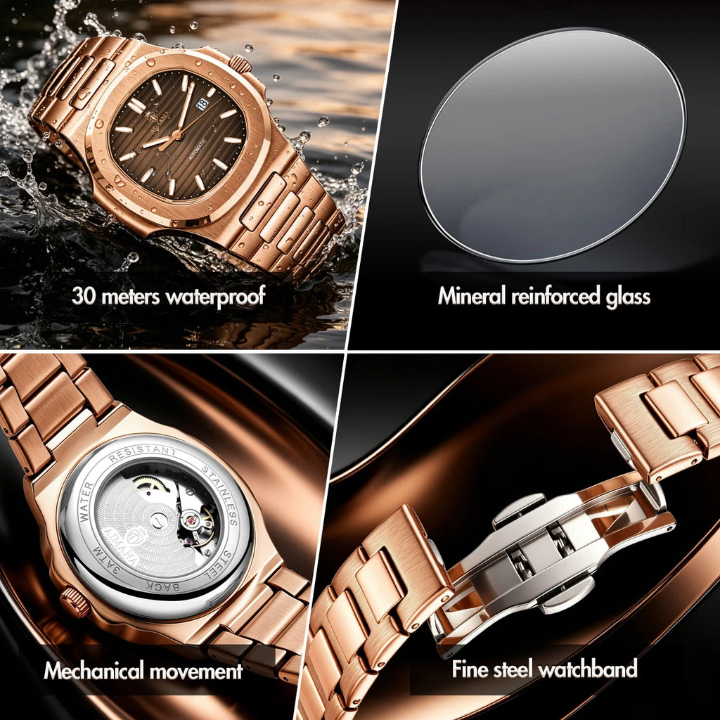 Luxury AIMANA Mens Automatic Watch Stainless Steel Strap Waterproof Luminous Date Calendar Rose Gold Nautilus Style Business Cas