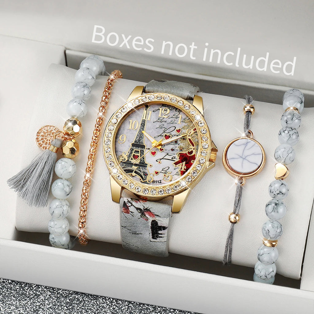 2/3/4/5PCS Fashion Rhinestone Women's Watch Flowers Printed Leather Band Female Quartz Watches Bracelets Set（Without Box）