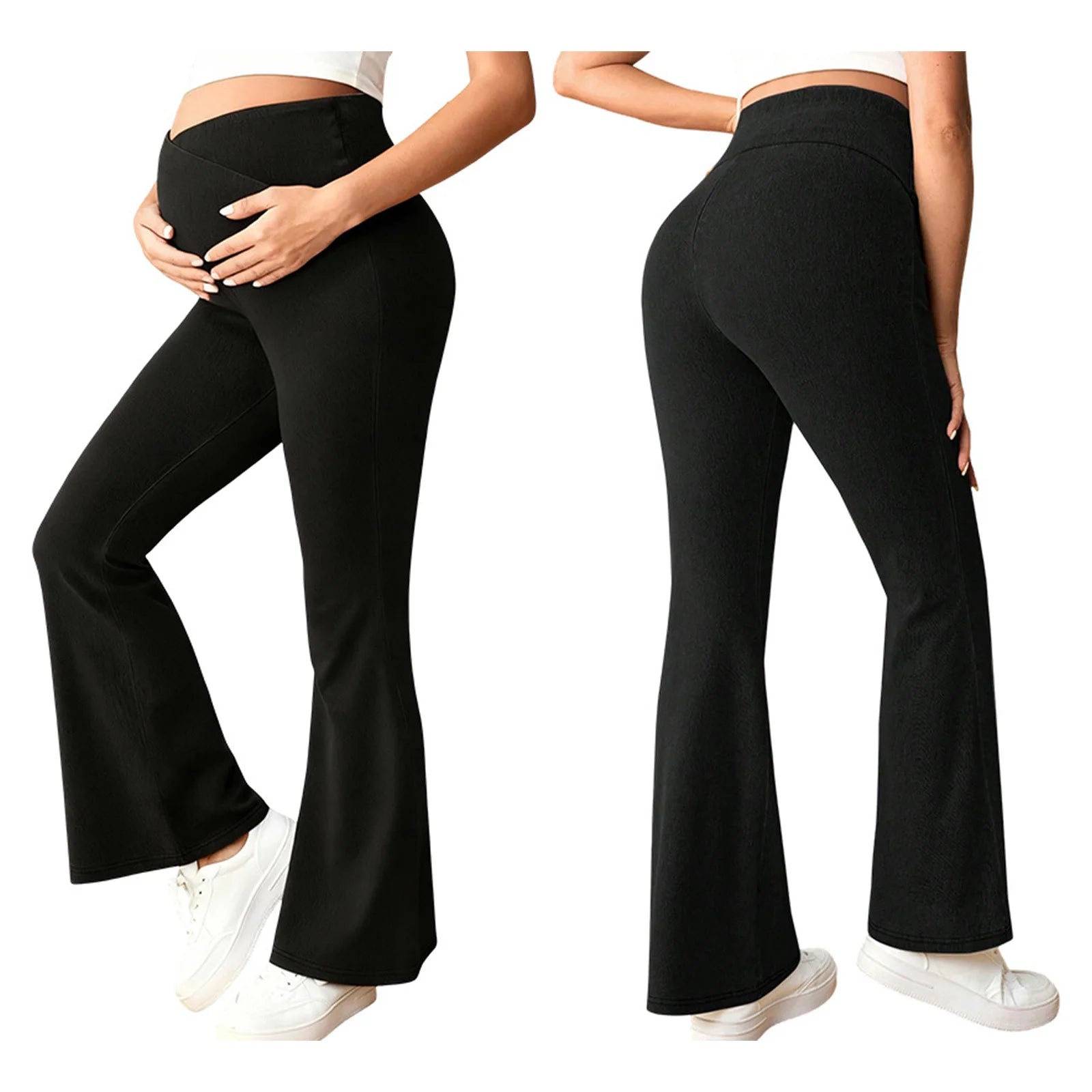 Women's Maternity Flared Jeans Over-the-Belly Stretch Pregnant Bell-Bottom Denim Pants with Pockets Casual Pregnancy Clothes
