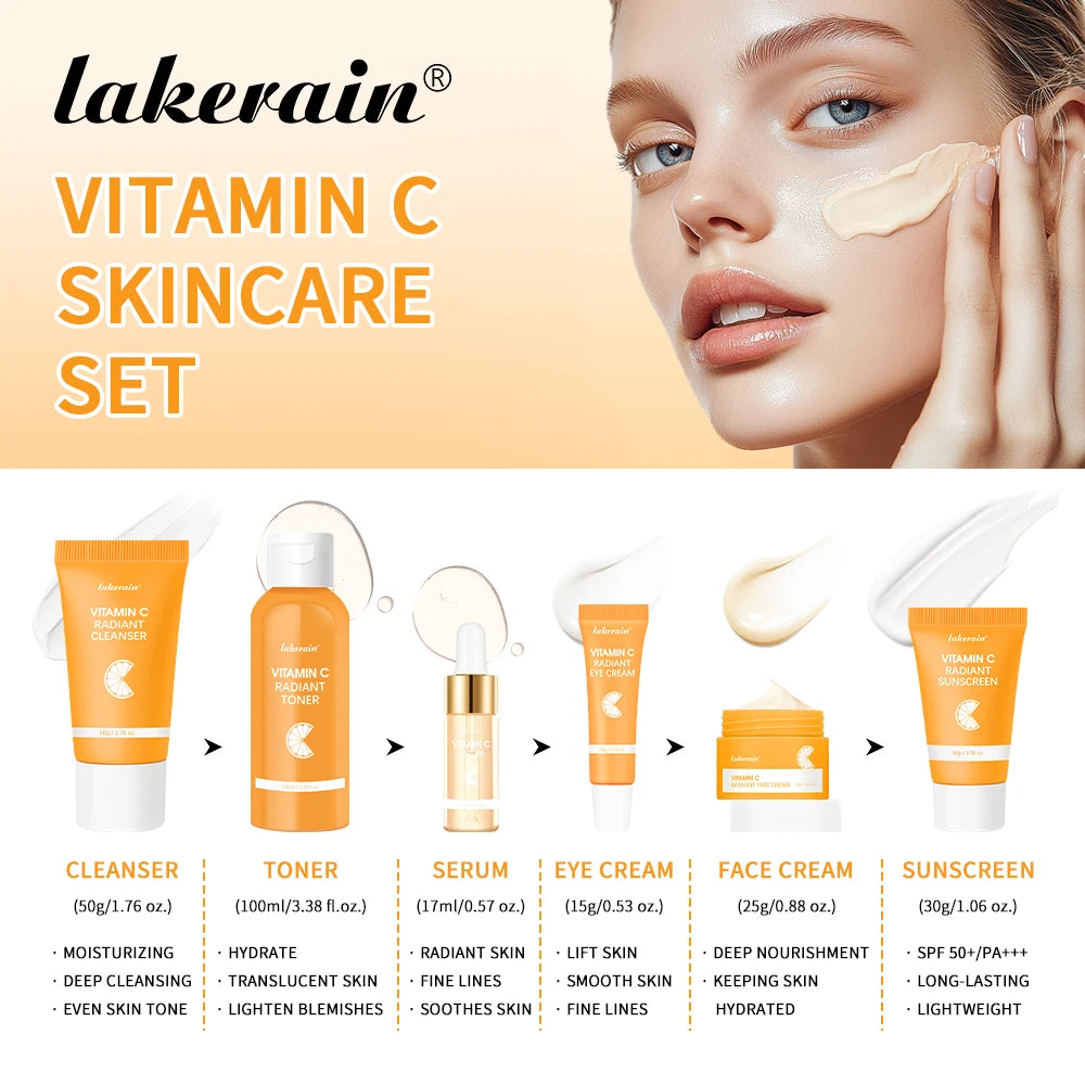 Lakerain Vitamin C Skin Care Set 6pcs Kit Whitening Cream Dark Spots Serum Dark Circle Eye Facial Moisturizing Lightening Kits