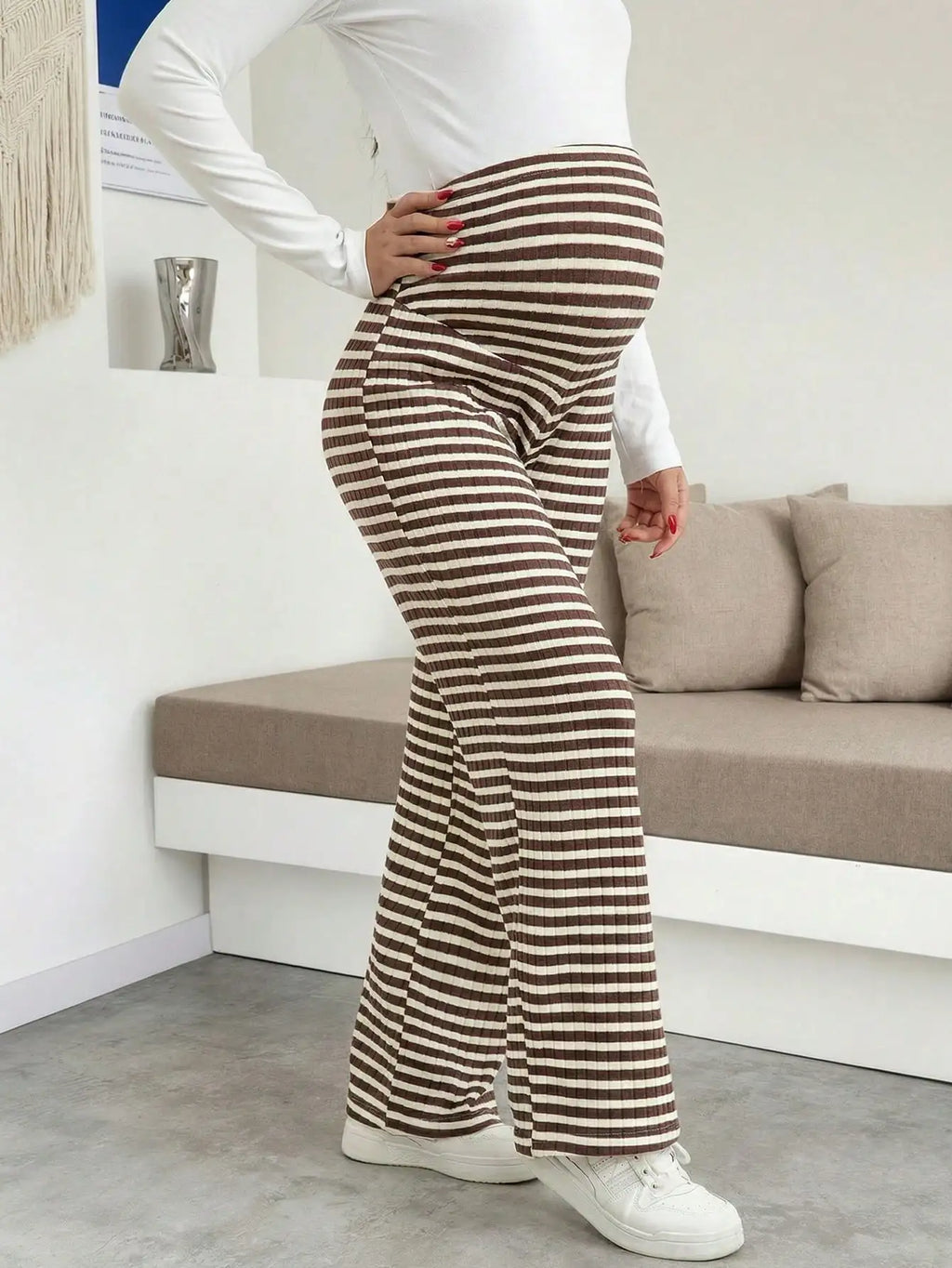 Maternity Women's Striped Ribbed Wide Leg Over Bump Jeans for Casual Daily and Lounge Wear