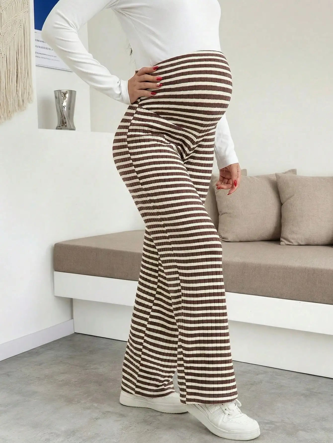 Maternity Women's Striped Ribbed Wide Leg Over Bump Jeans for Casual Daily and Lounge Wear