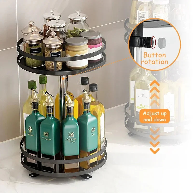 Non-Skid 360°Rotation Spice Rack Carbon Steel Organizer Storage Tray For Seasonings Spices Jars Cans Kitchen Utensil Accessories